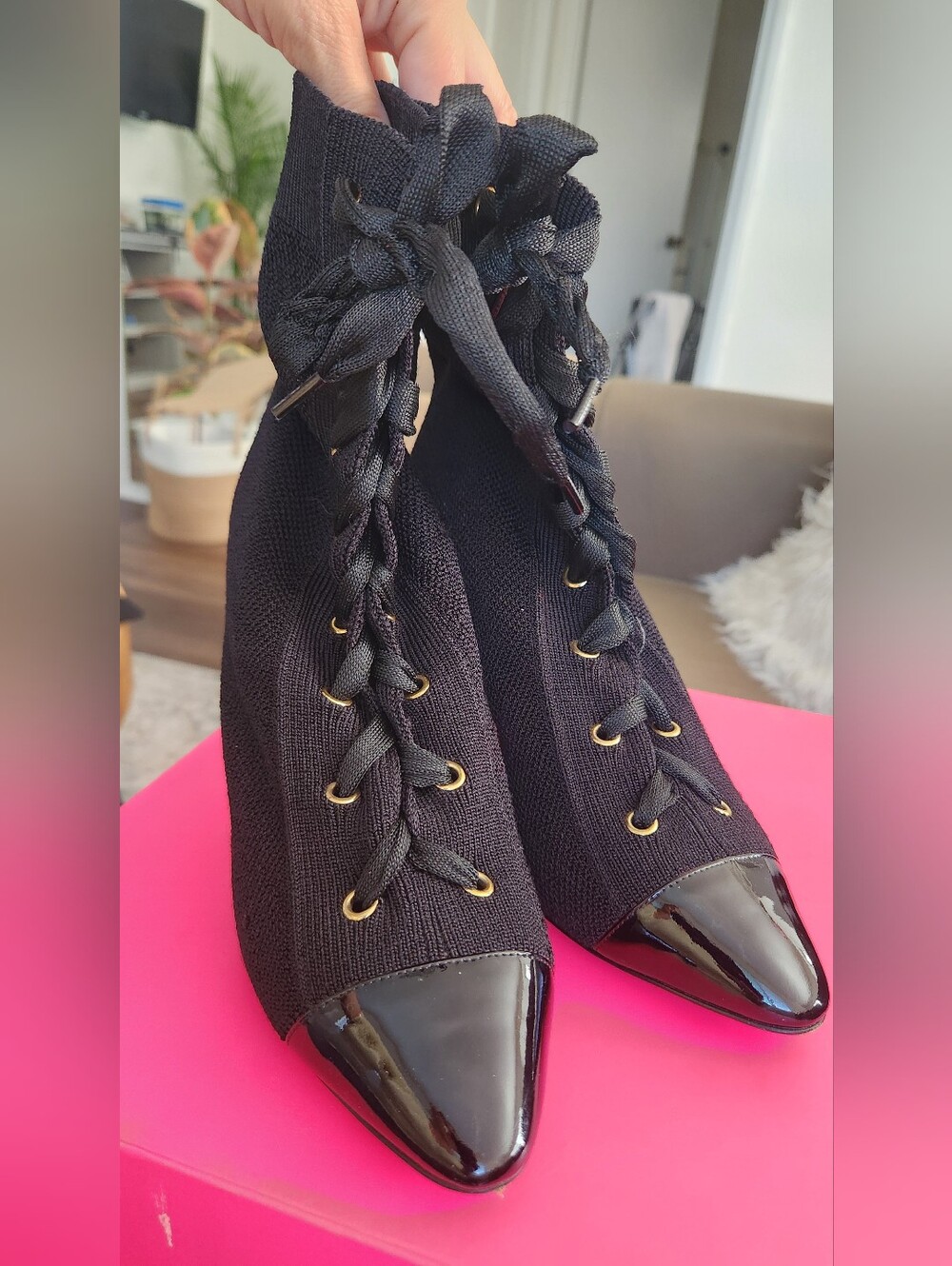 Christian Louboutin Frenchie 100 Black Knit Patent Lace-Up Ankle Boots 37